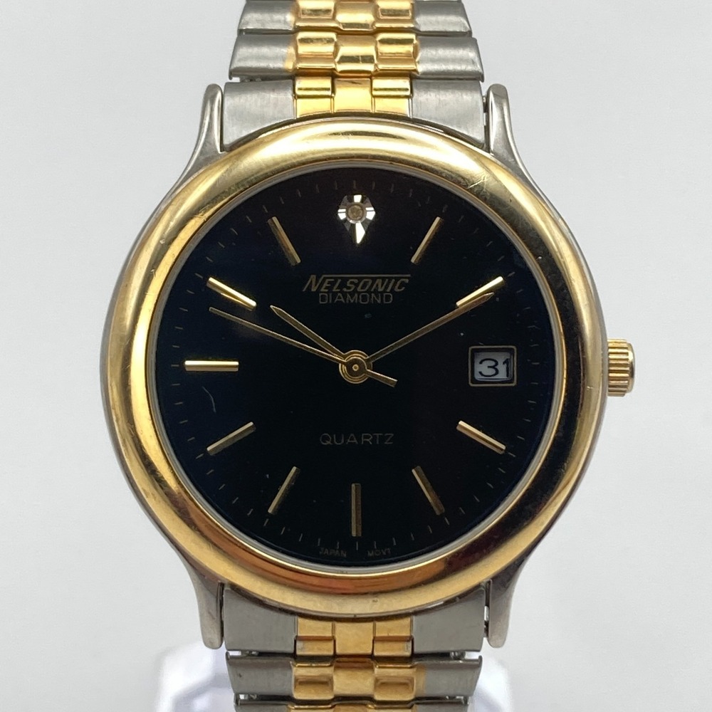 Vtg Nelsonic Men Watch Gold Silver Tone Date Stretch Band New Battery SMALL 6.5"